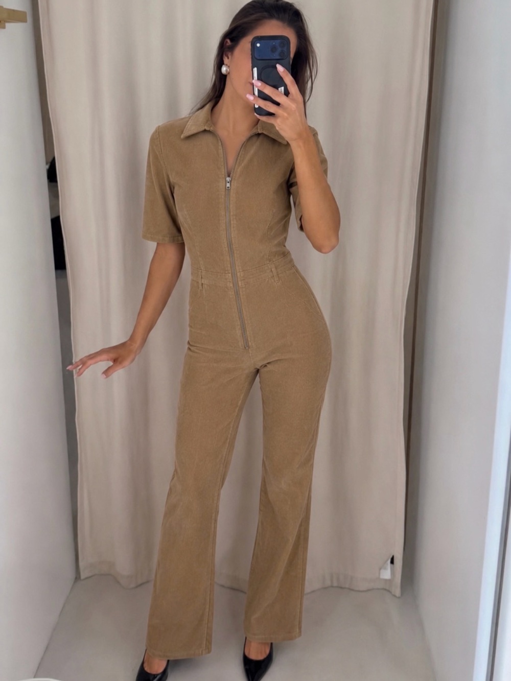 Main Strip Taupe Brown Corduroy Zip-Front Jumpsuit Short Sleeve Small